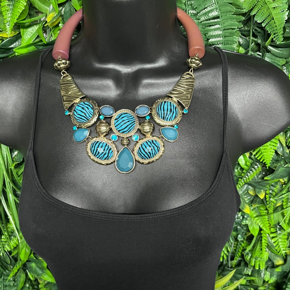 Teal Zebra Bib Statement Necklace Gold Tone‎ Brown Resin Chunky Bohemian 3801